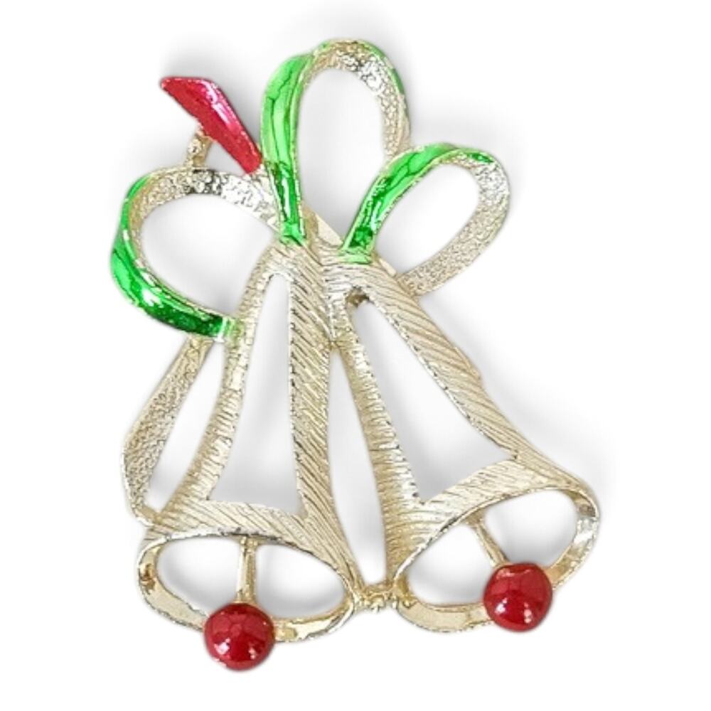 Vintage Gold Tone Christmas Bells Brooch Red Green Enamel Holiday Pin 2"x1"